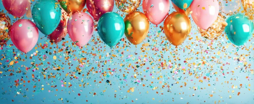 The vibrant array of balloons and confetti celebrating a joyful occasion. - Powered by Adobe