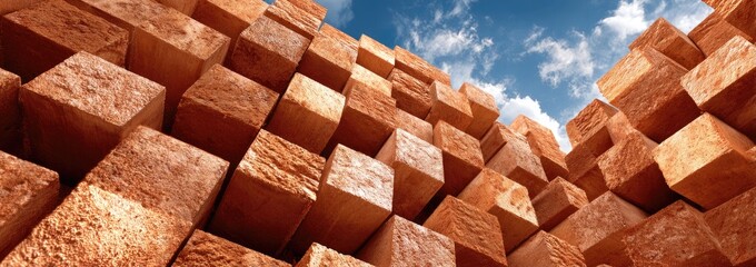 Stacked wooden blocks, a close-up view of many reddish-brown cubic blocks, filling the frame, angled upwards, against a bright blue sky with puffy white clouds