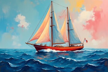 pop art freak The yacht at regatta in the sea. Abstraction in modern oil on canvas with element of pastel and acrylic painting