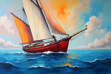 pop art freak The yacht at regatta in the sea. Abstraction in modern oil on canvas with elements of pastel and acrylic painting