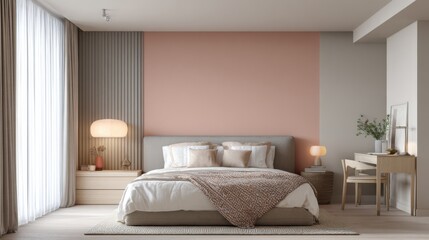 bedroom with pastel accent wall, warm table lamp light, soft textures, cozy and light interior