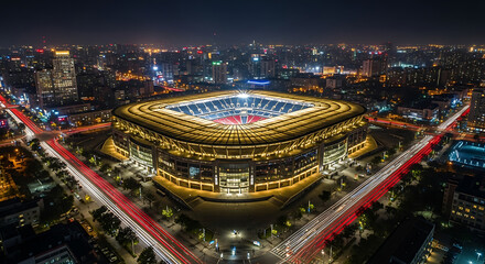 Spectacular aerial view of a modern sports stadium brilliantly illuminated at night, set against a sprawling urban cityscape with traffic light trails.