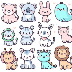 Fototapeta premium Cute Kawaii Animal Sticker Set