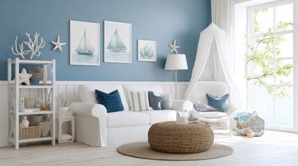 kids room with blue accent wall, sea themed decor, soft natural light, white furniture, calm and fresh mood