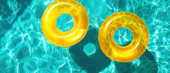 The vibrant yellow pool floats creating a cheerful summer atmosphere in clear water.
