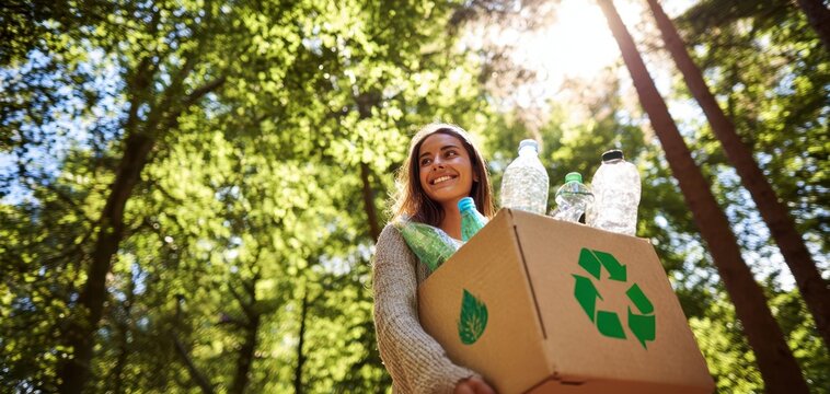 The smiling woman carrying a recycling box in a vibrant forest setting.