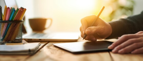 The hand of an artist sketching ideas on a digital tablet in a modern workspace.