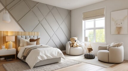 kids room with geometric accent wall, neutral color palette, modern furniture, soft warm lighting
