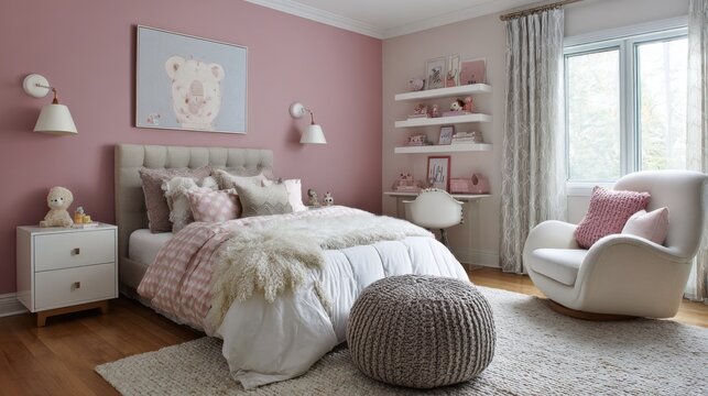 kids room with pink accent wall, plush rugs and pillows, warm ambient lighting, cozy and gentle style