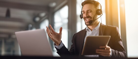 The businessman engaging in a lively virtual meeting while using technology.