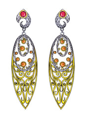 Jewelry design vintage art earrings with orange and red sapphire by hand drawn.