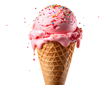 Realistic 3D illustration of a melting strawberry ice cream cone topped with sprinkle isolated on transparent background.