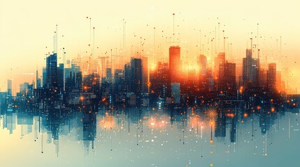 Futuristic city skyline reflected in water at sunset.