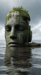 Obraz premium A surreal statue partially submerged in water, covered in lush greenery, symbolizing the harmony of nature and art.