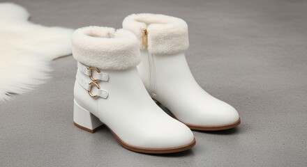 White fur lined ankle boots with decorative buckles isolated on white background