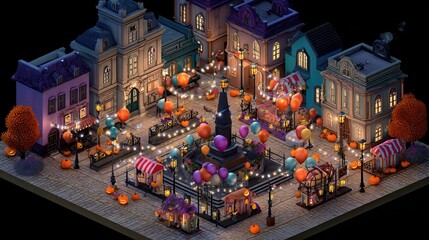 Enchanted Autumn Town Square at Night with Halloween Festivities