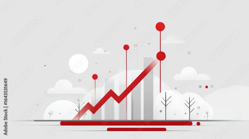 Poster a modern graphic featuring a rising graph with red elements against a minimalist background, symboli