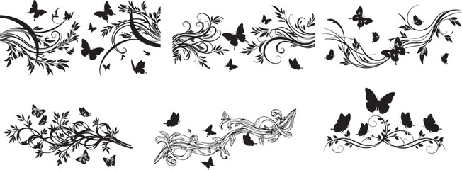 Floral and Butterfly Decorative Border Vector Set in Black Silhouette

