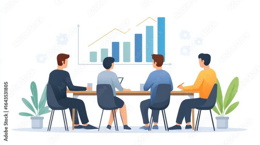 Aufkleber a group of professionals meeting around a table, discussing growth trends while analyzing data on a 