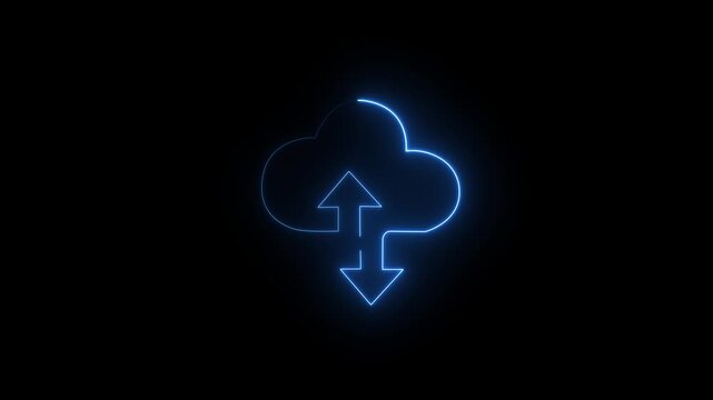 Advanced Neon Glowing Cloud Computing Icon with Arrow Icon Animation for Futuristic Technology, Digital Data Transfer, and Modern UI HUD Motion Graphics with Abstract Cyber Network Design Elements