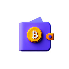 Purple Wallet Icon with Bitcoin Cryptocurrency Symbol, Yellow Coin on transparent Background"