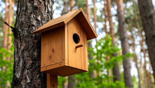 Wooden birdhouse mounted on a tree in a pine forest
