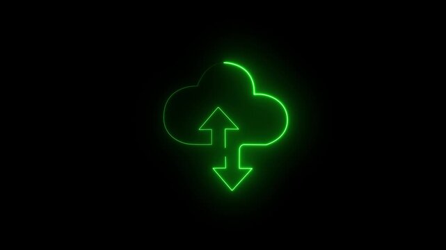 Advanced Neon Glowing Cloud Computing Icon with Arrow Icon Animation for Futuristic Technology, Digital Data Transfer, and Modern UI HUD Motion Graphics with Abstract Cyber Network Design Elements