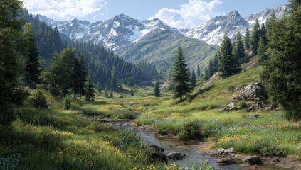 Fototapeta premium Mountain valley stream, wildflowers, sunny day, background peaks, travel poster