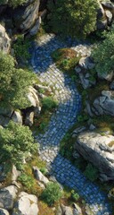 Winding stone path through mountain rocks, aerial view