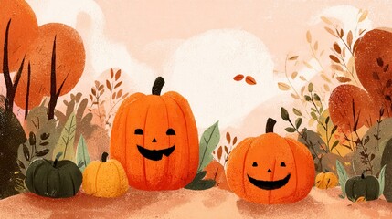 Smiling Pumpkins in an Autumnal Forest Scene