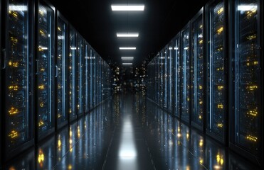 Dark server room, illuminated by glowing tech. A long corridor of black server cabinets stretches into the distance. Reflective floor shows glowing tech details