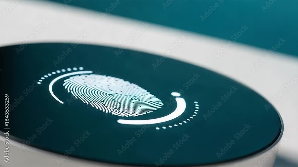Poster close-up of fingerprint scan on futuristic digital device with glowing biometric authentication
