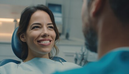 Obraz premium A cheerful person smiles while sitting in a dental chair, looking at the dentist with a bright expression.