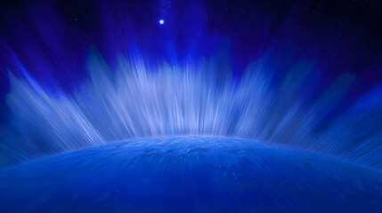 A painterly solar corona explosion with rippling aurora energy cascading toward a small blue planet.
