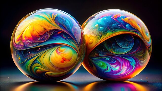 Two intricately decorated easter eggs with vibrant swirling rainbow colors and a glossy reflective surface against a dark background