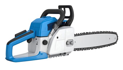 Fototapeta premium Studio shot of a modern blue and white chainsaw isolated on a seamless white background with ample
