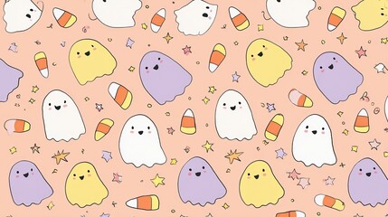 Cute Pastel Pixel Ghost and Candy Corn Halloween Pattern