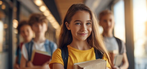The cheerful student holding books in a school hallway with friends.
