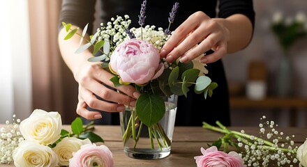 Florist creating stunning floral arrangement with pastel roses and eucalyptus sprigs
