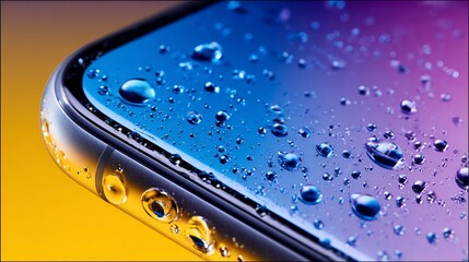 Smartphone Wet with Water Droplets Displaying Metallic Frame Close-Up
