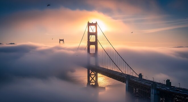 Iconic Golden Gate Bridge emerges majestically from ethereal morning fog creating a breathtaking atmospheric landscape scene