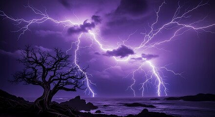 Dramatic purple lightning storm over a desolate rocky coastline with a silhouetted tree during twilight