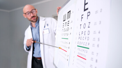 In the ophthalmologist's office. A cute, good-looking doctor stands at a board with eye charts and checks the patient's eyesight