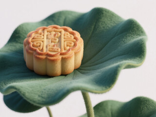 Creative 3D Illustration: Mid-Autumn Festival Mooncake on Lotus Leaf. Abstract Commercial Background with Felt Texture for Holiday Concepts. Innovative Design Element for Cultural Celebrations, Market