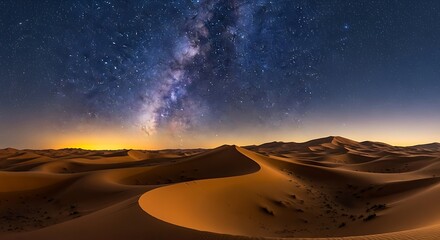 Vast expanse of desert dunes under a breathtakingly clear night sky filled with countless stars and the glowing Milky Way galaxy above distant glowing city lights symbolizing wonder and exploration