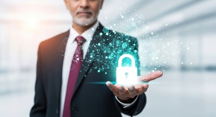 Businessman holding a glowing digital padlock symbolizing data security