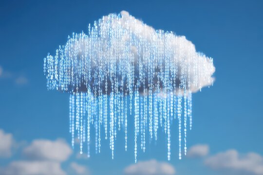 3D cloud with binary code rain, blue sky background, data transfer concept
