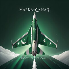 Fighter jet painted with pakistan flag taking off on green runway with clouds and marka e haq text