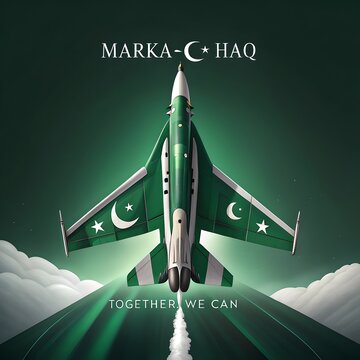 Fighter jet painted with pakistan flag taking off on green runway with clouds and marka e haq text