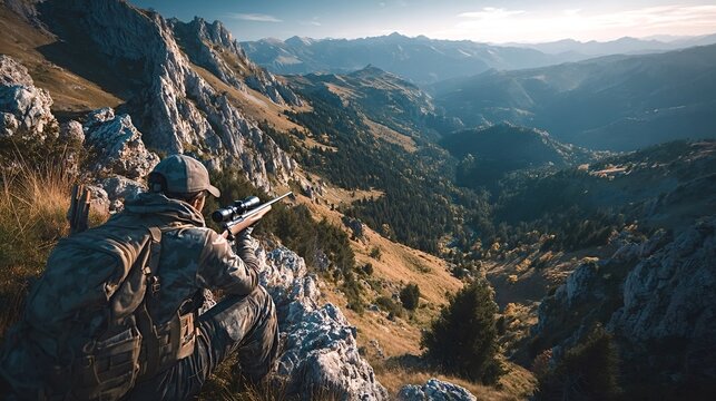 Hunter dressed in camouflage clothing sits on rugged rocks, aiming a rifle in a breathtaking mountain valley as the sun rises, illuminating the serene wilderness and vibrant autumn landscape - Powered by Adobe